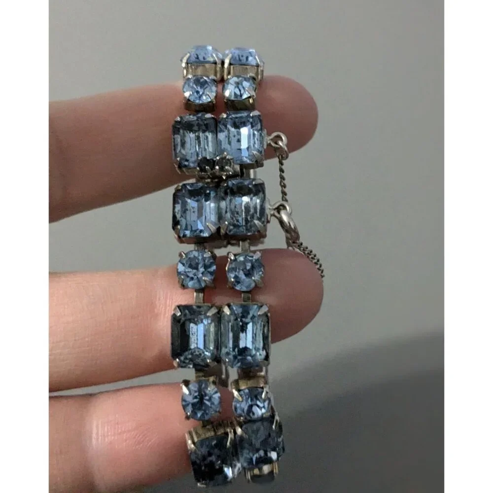Vintage Silver Tone Blue Crystal Bracelet With Safety Clasp - Picture 9 of 9